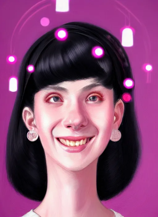 Image similar to portrait of high school girl, realistic, black hair, bangs, half updo hairstyle, pointy nose, skinny, smile, ugly, defined jawline, big chin, pink hair bow, earrings, intricate, elegant, glowing lights, highly detailed, digital painting, artstation, sharp focus, illustration, art by wlop, mars ravelo and greg rutkowski