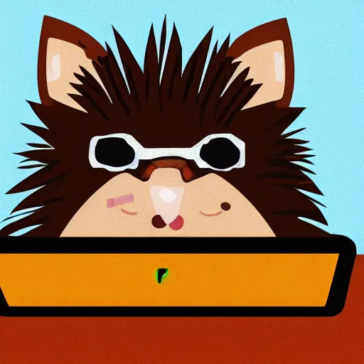 Prompt: hedgehog in sunglasses and hoodie sitting at laptop, digital art