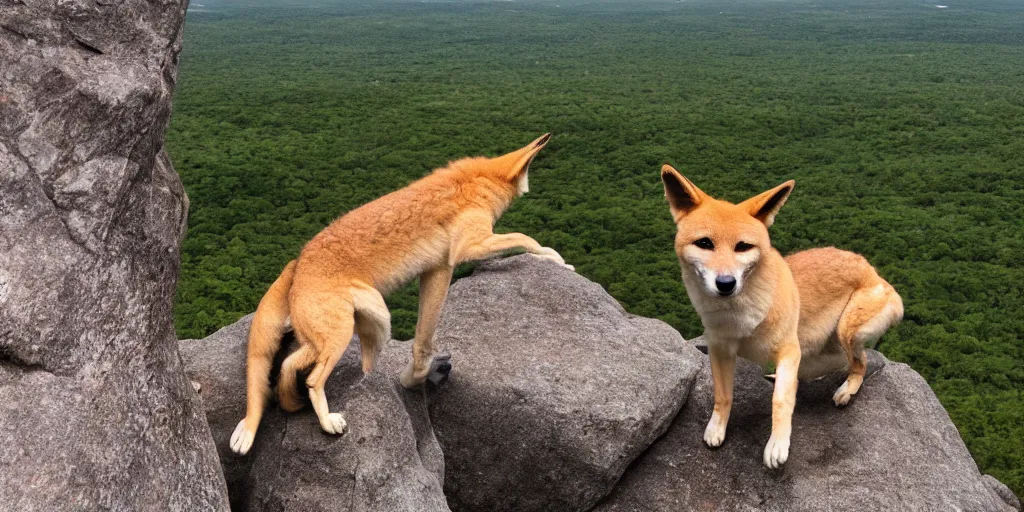 Prompt: a dingo posing at the top of mt. champlain in maine