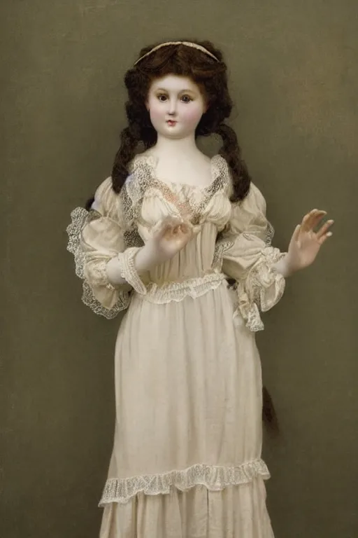 Prompt: a beautiful antique porcelain doll wearing lace painted by Edmund Blair Leighton and Charlie Bowater