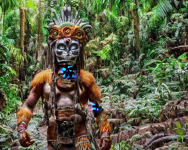Prompt: mayan jaguar warrior exploring an alien jungle las pozas, 1 9 6 0's sci - fi, lofi technology, deep aesthetic colors, 8 k, highly ornate intricate details, extreme detail,