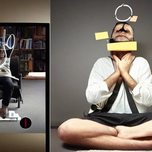 Image similar to a person wakes up sitting on a chair with things attached to his head like a mind reader, screens in front of him playing videos