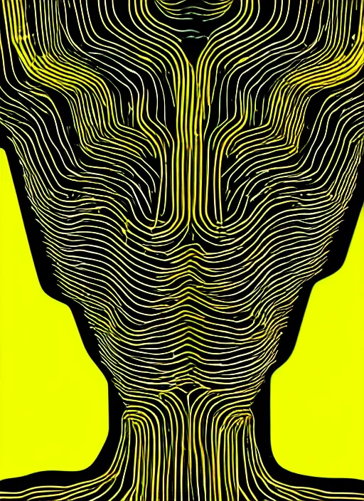 Image similar to highly detailed closeup portrait of wasteland long glowing yellow and white plasma hair tribal lady, stray electric spark wiring by jean jullien, 4 k resolution, gradient yellow, black and white color scheme!!! ( ( lightning robotic city background ) )
