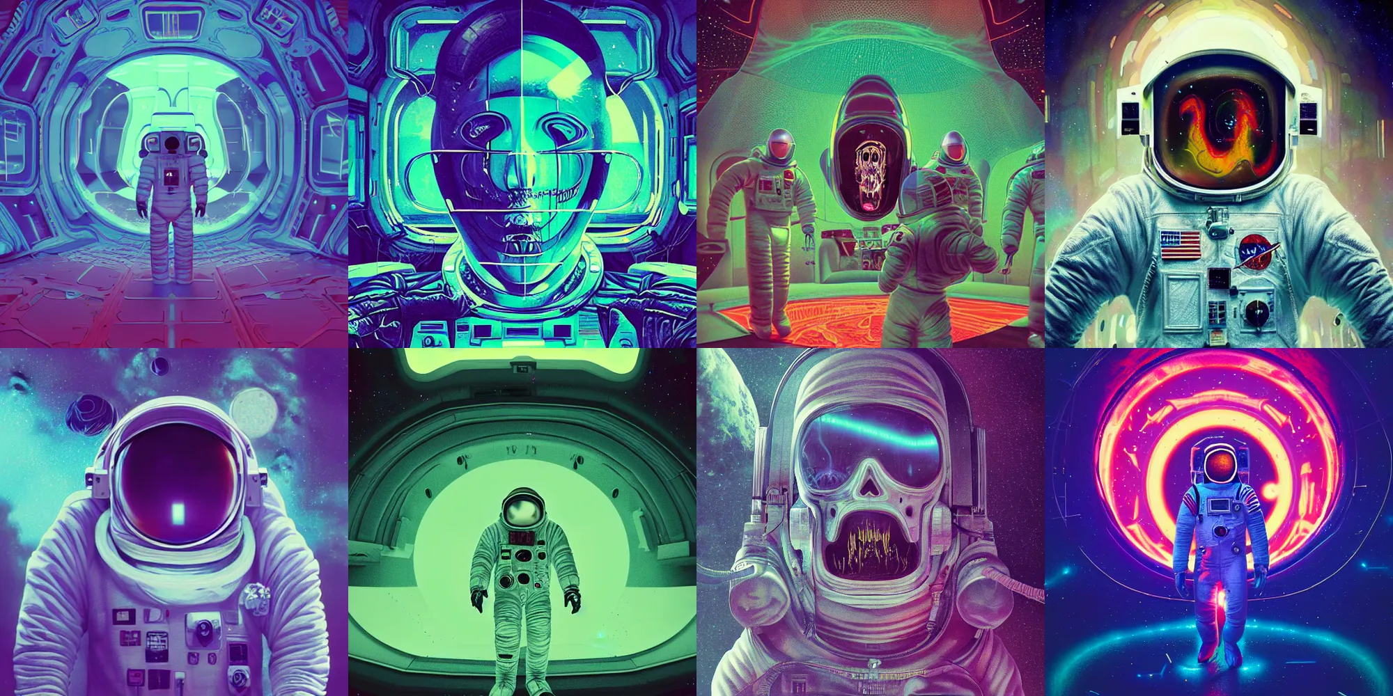 Prompt: astronaut, horror poster 9 0 s, cosmic horror, abstract, ghostly, arcade, duotone, poltergeist, lets get weird, intricate, elegant, highly detailed, smooth, sharp focus, raytracing, unreal engine 5, art by beeple and mike winkelmann, ultraviolet colors,