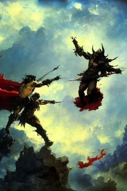 Image similar to epic sky battle between good and evil, dark fantasy, trending on art station, highly detailed, dramatic by frank frazetta, ilya repin, 8k,