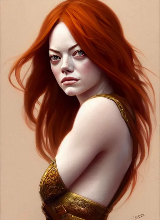 Image similar to portrait of emma stone as a fox, d & d, muscular, fantasy, intricate, elegant, highly detailed, digital painting, artstation, concept art, smooth, sharp focus, illustration, art by artgerm and greg rutkowski and alphonse mucha