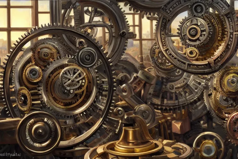 Prompt: ( ( a beautiful 8 k photorealistic masterpiece oil painting ) ( of ( a lot of detailed cogs and complex machinery while tons of people on the background ) ) ) ( hyperrealism ) ( 1 6 k ) ( trending on artstation )