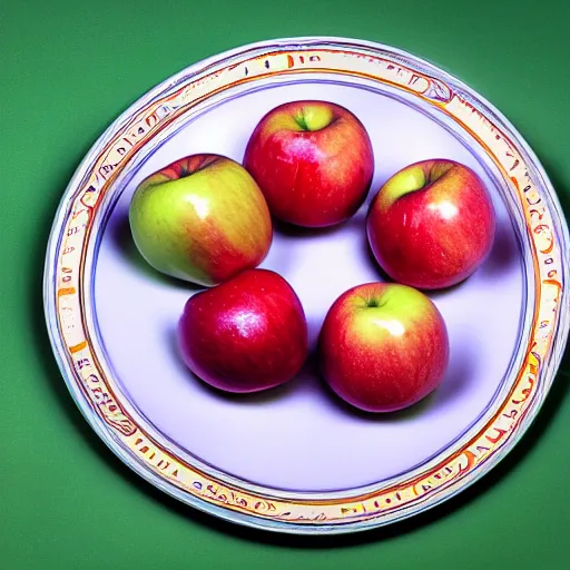 Image similar to a wide angle side view realistic photo of only 3 apples on a colorful plate, award winning, food photography, by ansel adams