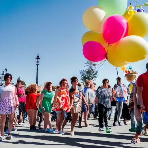 Prompt: A large group of people parading through the street each holding balloons, calm afternoon, natural lighting.