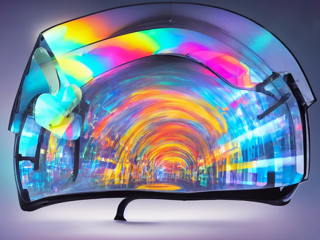 Image similar to visor with curved translucent screens projecting detailed art ( 2 0 4 2 ), large colorful images, pixel perfect photograph, high contrast, volumetric lighting, thin glowing lights, chair, users, pair of keys