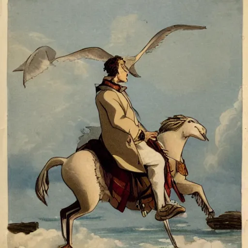 Prompt: a man riding a seagull into battle, anime