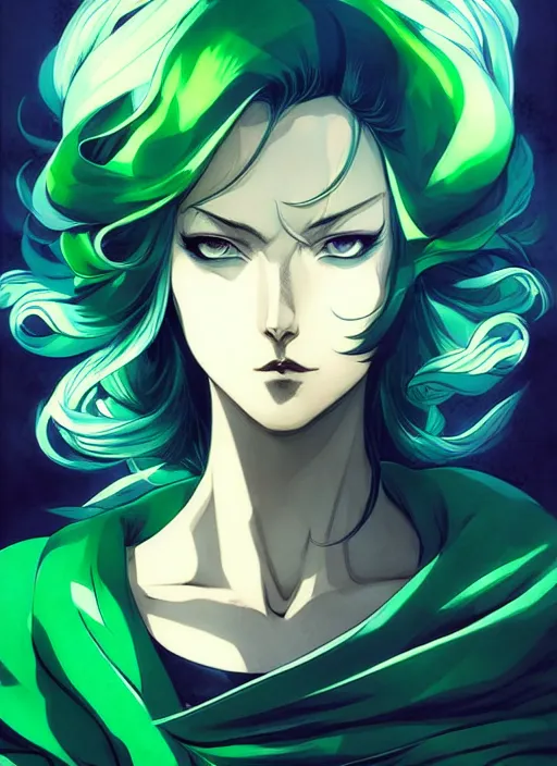 Image similar to style artgerm, joshua middleton, fubuki one punch man with green dress, very long blue hair, swirling water swirling, symmetrical face, symmetrical eyes, steampunk cyberpunk,, cinematic lighting