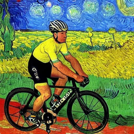 Image similar to jonas vingegaard on his bike in tour de france art by van gogh.