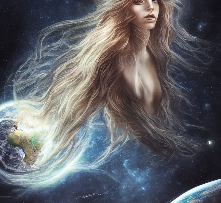 Image similar to beautiful celestial woman with long hair wrapping downward around earth seen for space, hyper-detailed, smooth, sharp focus, depth map, digital painting, apocalyptic art, fantasy dark art, 4k ultra hd, cinematic