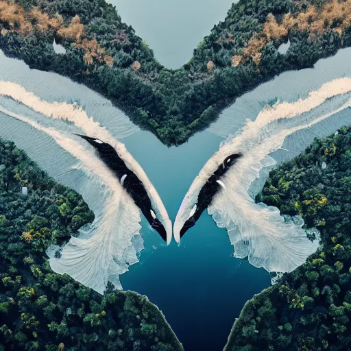 Image similar to photo of two black swans swimming in a beautiful reflective mountain lake, touching heads, forming a heart with their necks, a hot air balloon flying above the swans , granular detail, hot air balloon, intricate, portrait, 8k highly professionally detailed, HDR, CGsociety, octane render, 4k, f32,55mm photography, wide angle