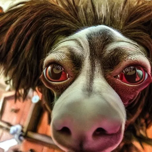 Image similar to fisheye lens photo of the world's ugliest dog