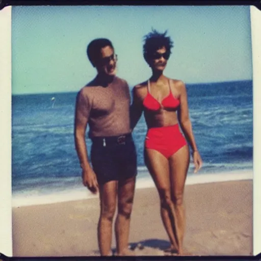 Image similar to found polaroid of my parents at beach, who look exactly like Halle Berry and Ted Cruz