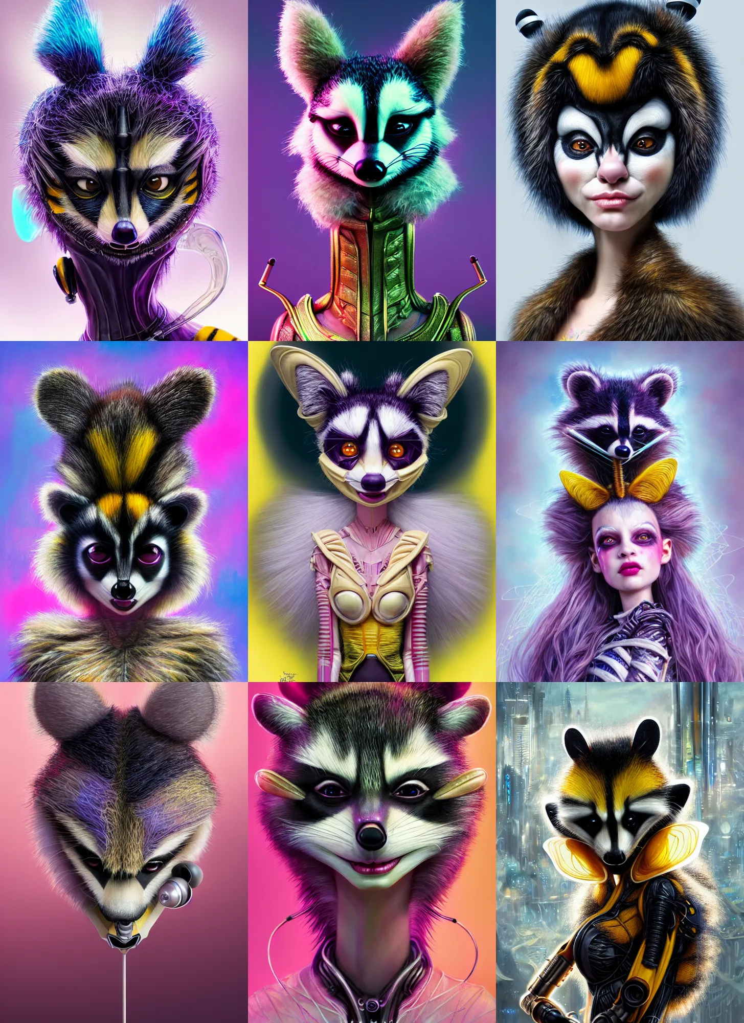 Prompt: disney weta portrait, soft lustrous biotech raver white clowncore bumblebee raccoon cyborg, earbuds, hi - fructose, sci - fi, fantasy, cyberpunk, intricate, decadent, highly detailed, digital painting, ever after high, octane render, artstation, concept art, smooth, sharp focus, illustration, art by calatrava, loish, wlop