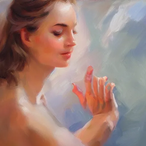 Prompt: a woman's hand, anatomically correct, relaxed pose, morning, highly detailed, ultrarealistic oil painting, vladimir volegov, artstation