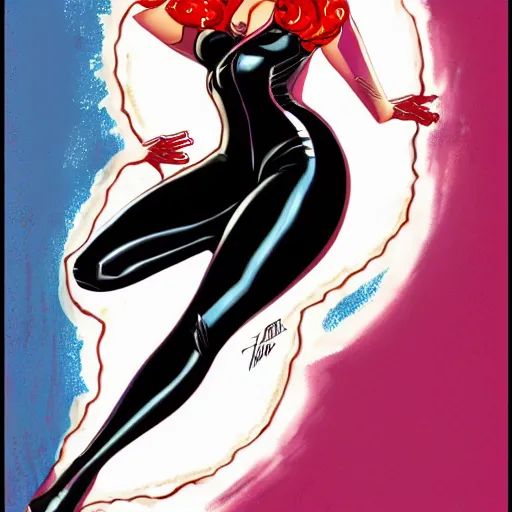 Image similar to black widow pinup, art by michael miller