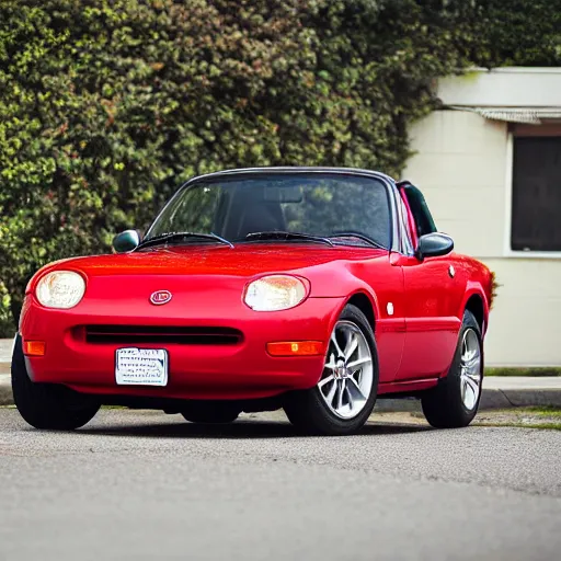 Prompt: 105mm photo of car full view mid distance photograph red Mazda Miata parked on street from 1965