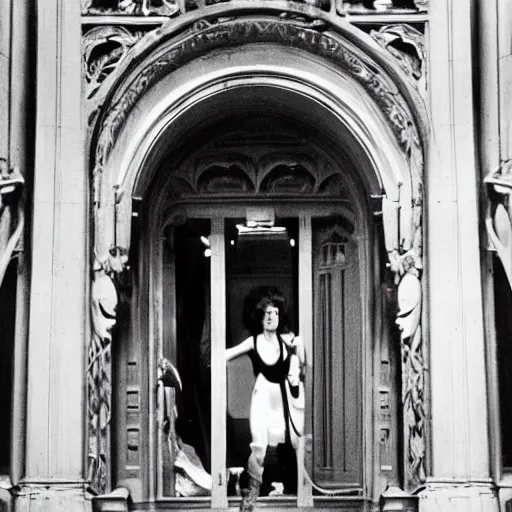 Prompt: detailed still of beautiful Ripley-Sigourney Weaver wearing a white singlet and cat Jonesy moving apartment New York City 1983, gothic building entrance way Art Deco H.R. Giger, cinematic feel, high octane