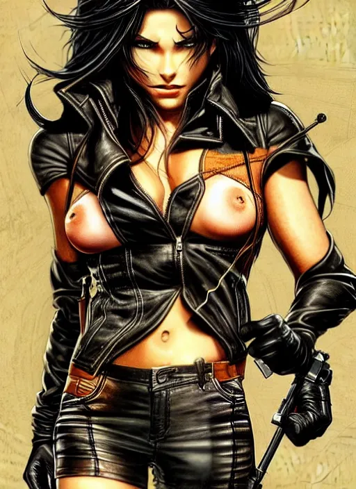 Image similar to a black haired woman in a leather jacket, muscular upper body, abs, d & d, fantasy, intricate, elegant, highly detailed, digital painting, artstation, concept art, smooth, sharp focus, illustration, art by mike deodato