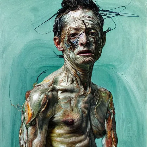 Image similar to high quality high detail painting by lucian freud and jenny saville, hd, dark demonic dancer, turquoise