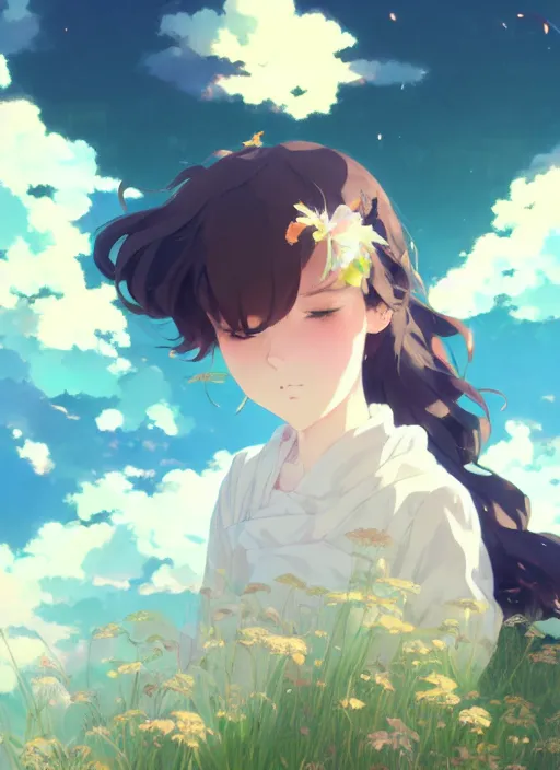 Image similar to portrait of cute girl, cloudy sky background lush landscape illustration concept art anime key visual trending pixiv fanbox by wlop and greg rutkowski and makoto shinkai and studio ghibli and gustav klimt