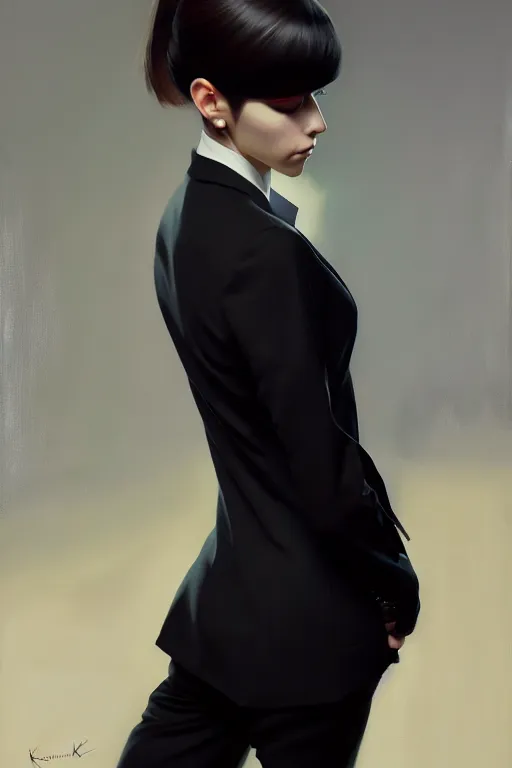 Image similar to a ultradetailed beautiful portrait panting of a stylish woman wearing a black loose fit suit with a tie, oil painting, by ilya kuvshinov, greg rutkowski and makoto shinkai, trending on artstation