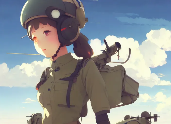 Prompt: cute pilot girl, smoky sky background battlefield landscape illustration concept art anime key visual trending pixiv fanbox by wlop and greg rutkowski and makoto shinkai and studio ghibli and kyoto animation soldier clothing military gear airplane cockpit instruments shoulder eyes