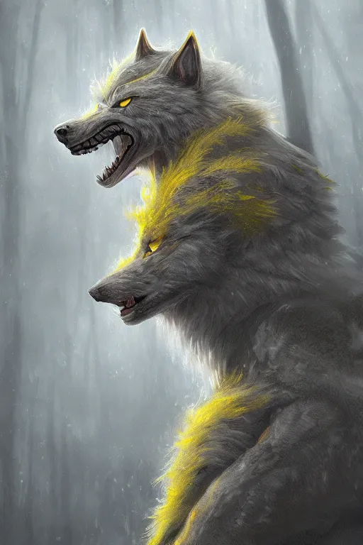 Prompt: ultra realist and ultra intricate detailed soft painting of a werewolf, from the waist up, symmetry features, yellow eyes, sensual gloomy style, volumetric clouds, foggy forest background, artstation, unreal render, depth of field