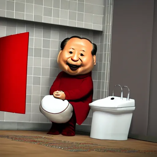 Prompt: little mr xi jinping by roger hargreaves and jim henson. rust, octane render, unreal engine. drinking out of the toilet