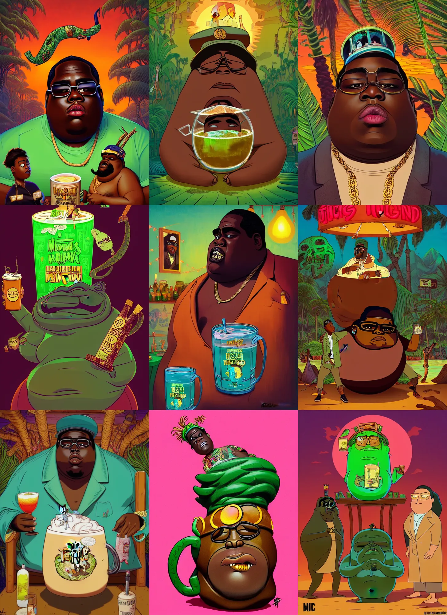 Prompt: the notorious b. i. g. as a trader vic's tiki mug at a tiki bar, rick and morty pickle rick, shaded lighting poster by magali villeneuve, artgerm, jeremy lipkin and michael garmash, rob rey and kentaro miura style, trending on art station