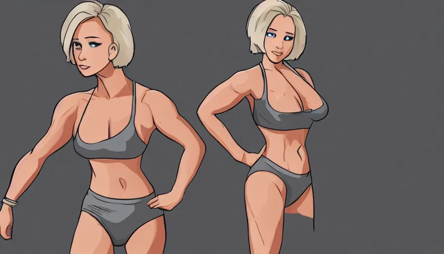 Prompt: portrait of broad muscled jennifer lawrence, short silver hair, wearing spandex bikini, bodybuilder, standing in street, studio trigger, cartoon illustration, gta v