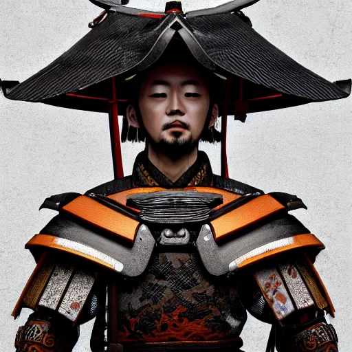 Prompt: Japanese Ersnt Junger wearing Samurai armor, realistic, photo studio, HDR, 8k, trending on artstation