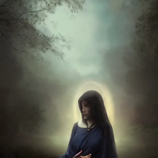 Prompt: Masterpiece! portrait of an aesthetic beautiful! realistic black haired priestess, 30 years old woman, looks like young Liv Tyler , praying, with tears, soft cinematic light, digital painting by WLOP, atmospheric effects, fireflies, 4K, octane render, artstation, deviantart, closer view, dark purple blue tones