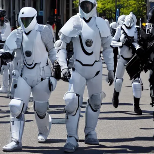 Image similar to dystopian peacekeepers wearing futuristic white armor patrolling the streets of new america