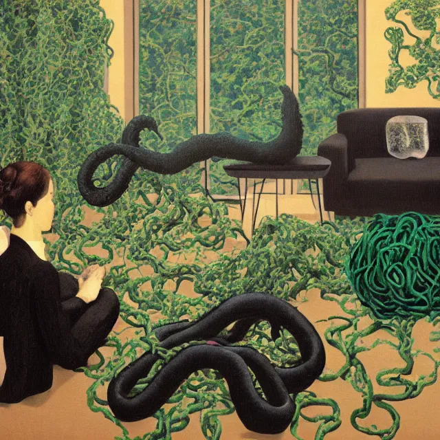 Image similar to a pathology student in her apartment, wrapped in vines, large stones, octopus, black walls, ikebana, black armchair, puddles, moss, acrylic on canvas, surrealist, by magritte and monet