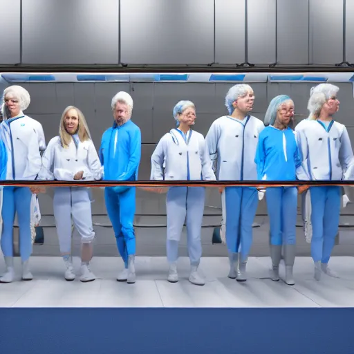 Prompt: group of identical athletic humans with light blue neoprene suits and white hair standing in a line on a conveyor belt, background of advanced futuristic laboratory, sci - fi, highly detailed, hyperrealistic