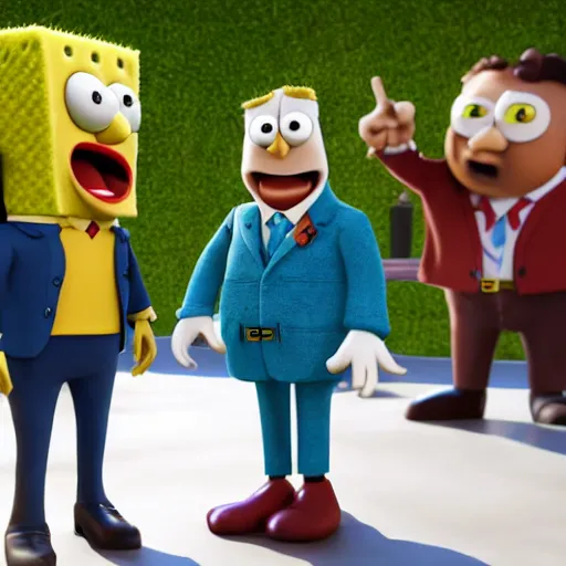 Prompt: sponch bob and harry potter soon business handshake, they're all statues, octane render, 8 k, highly detailed, hyper - realistic.