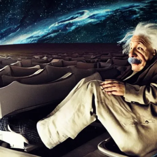 Prompt: Einstein watching the movie Interstellar in the theater