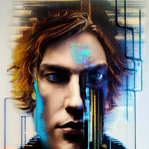 Image similar to hyperrealistic portrait of a cyberpunk cody fern with chest length long brown hair, by Guy Denning, Johannes Itten, Russ Mills, glitch art, hacking effects, glitch effects, digital tech effects, cybernetics, detailed lines, chromatic, color blocking!, oil on canvas, front view, front facing, highly detailed, symmetrical, octane, concept art, abstract, blue and black, 8k, cinematic, trending on artstation