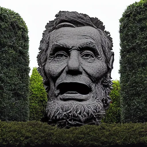 Image similar to a hedge bush masterfully shaped like Abe Lincoln in the center of a hedge maze, 4k, realistic lighting, realistic shadows