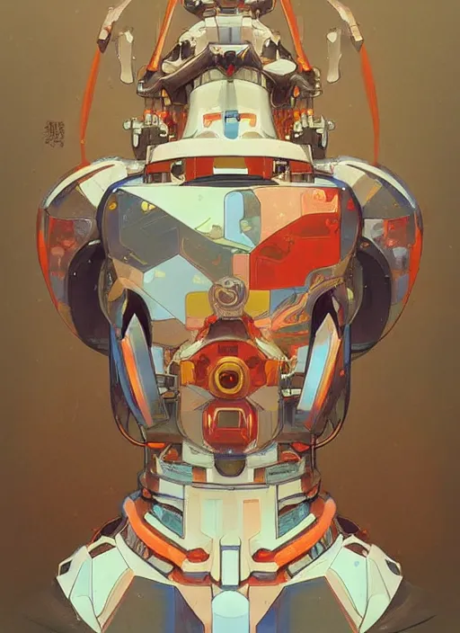 Image similar to colourful upper half portrait of army mecha robot - art by tenmyouya hisashi, hsiao - ron cheng & alphonse mucha, highly detailed, digital painting, illustration, smooth, sharp focus, intricate, symmetry, pinterest, behance, artstation