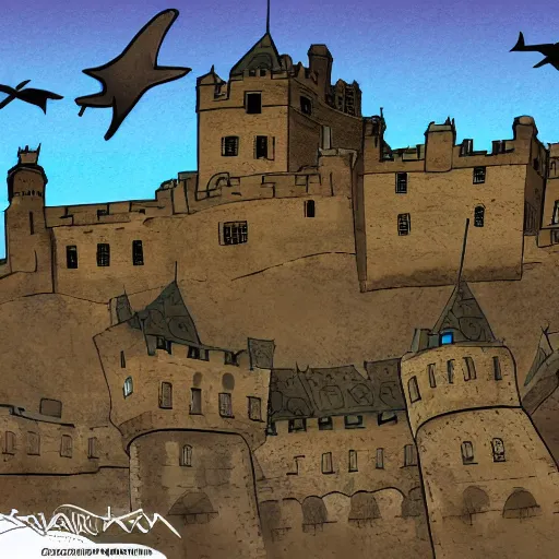 Image similar to sharks swimming above Edinburgh Castle, concept art in style of Greg Rutkowki, dynamic lighting