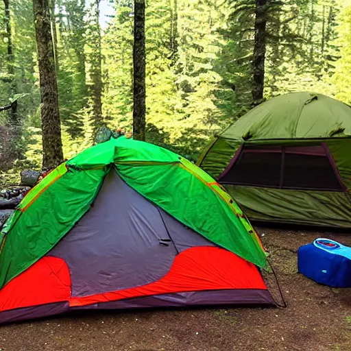 Prompt: teenage mutant ninja turtles camping, british columbia, nationak park, log fire, tent, style of 9 0 s super hero comics