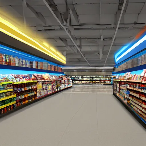 Image similar to grocery store aisle at the bottom of the ocean, cinematic movie scene, 120mm wide shot, precise architectural rendering, concept art, unreal engine, octane render, god rays