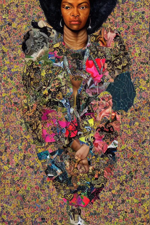 Prompt: A detailed maximalist collage of a portrait with large eyes, exasperated expression with an existential dread of love, mixed media torn paper collage, highly detailed and intricate illustration, high fashion, in the style of Kehinde Wiley