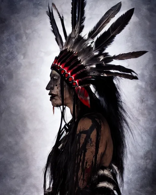 Image similar to lady native sisters ghost - spirit of the grim - warpaint wears the scarlet skull armor and native blood headdress feathers, midnight fog - mist!, dark oil painting colors, realism, cinematic lighting, various refining methods, micro macro autofocus, ultra definition, award winning photo, photograph by ghostwave - gammell - giger - shadowlord